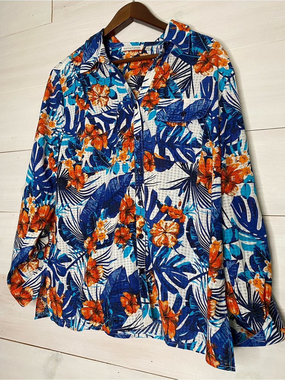 Notations Blue Orange Floral Tropical Button Down Shirt Blouse Large L